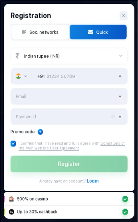 Register a 1win account